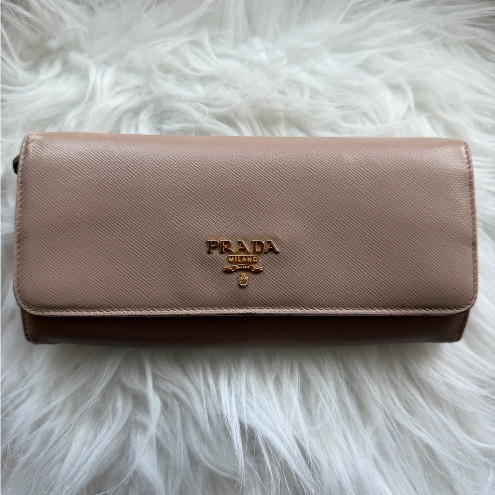 Prada Pink-Beige Saffiano Leather Flap Continental Wallet with Gold Logo